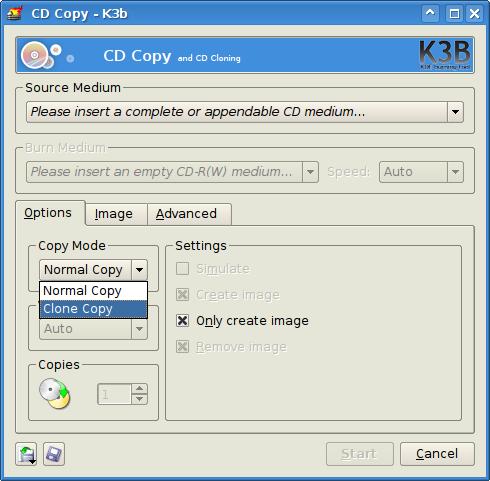 Снимок экрана, показывающий изменение режима копирования на CLone Copy в K3b