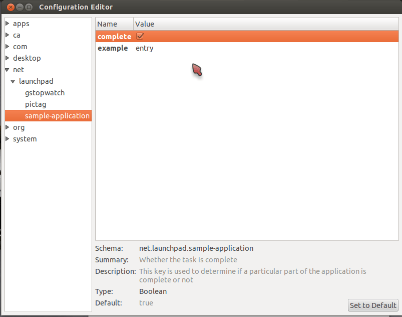 Окно dconf-editor в пути / net / launchpad / sample-application