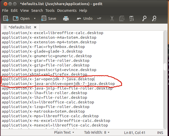 Снимок экрана gedit /usr/share/applications/defaults.list