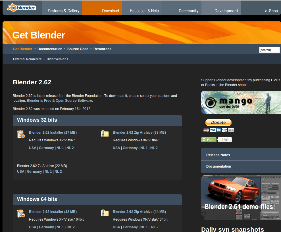 Сайт Blender, демонстрирующий различные доступные загрузки Blender