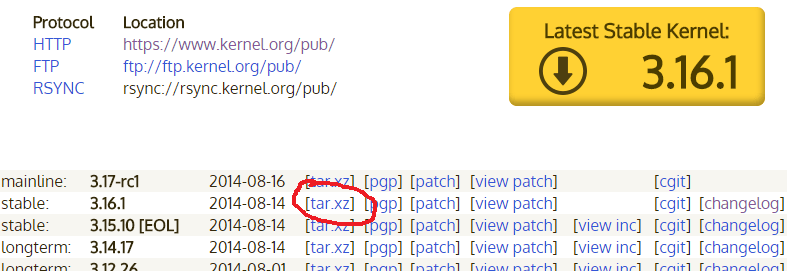 снимок экрана с сайта kernel.org, доступный для скачивания исходные архивы ядра