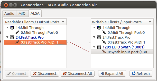 подключите midi к qsynth