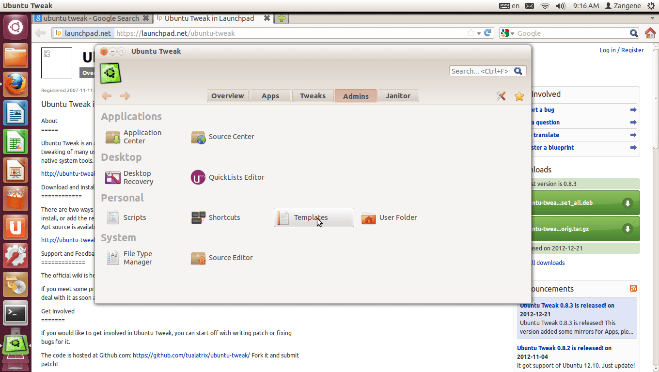 Страница администратора Ubuntu Tweak