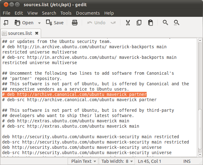 Использование GEdit для редактирования файла sources.list
