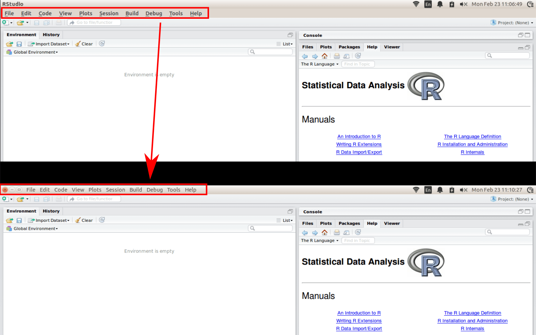 Включить глобальное меню приложения с помощью RStudio