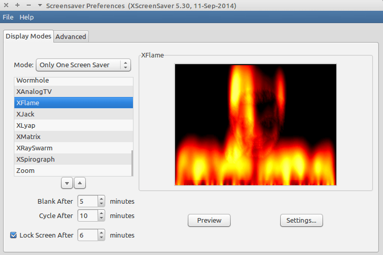 xscreensaver-демонстрационное окно, показывающее предварительный просмотр xflame