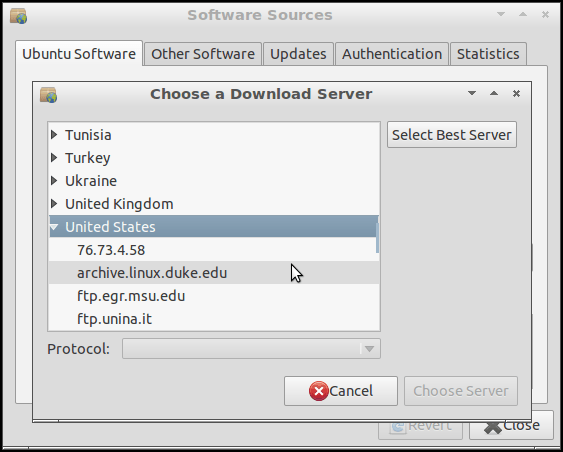 Выберите диалог Download Server в Software Sources для выбора альтернативного зеркала