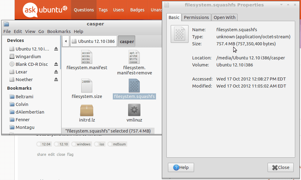 Свойства Nautilus для файловой системы.squashfs на компакт-диске Ubuntu 12.10 i386 для настольных ПК