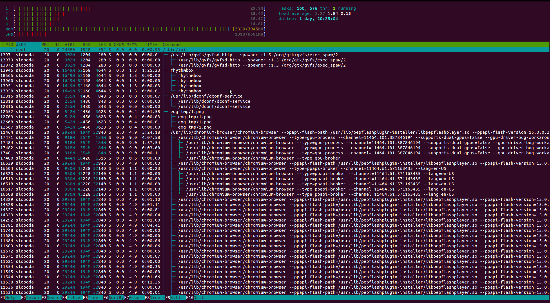 Htop в терминале Ubuntu выглядит так