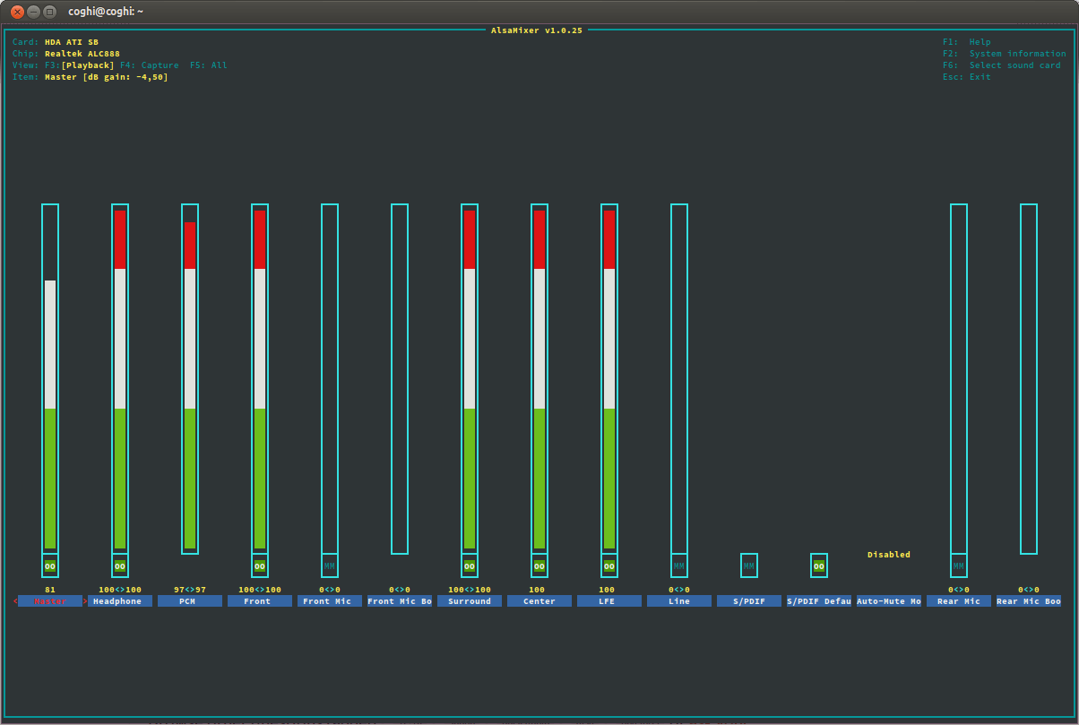 Экран микшера Alsa в терминале
