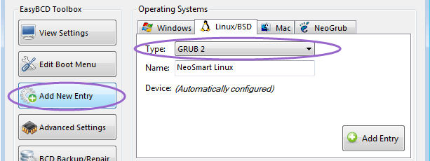 EasyBCD Добавить новую запись для Linux/BSD для GRUB2