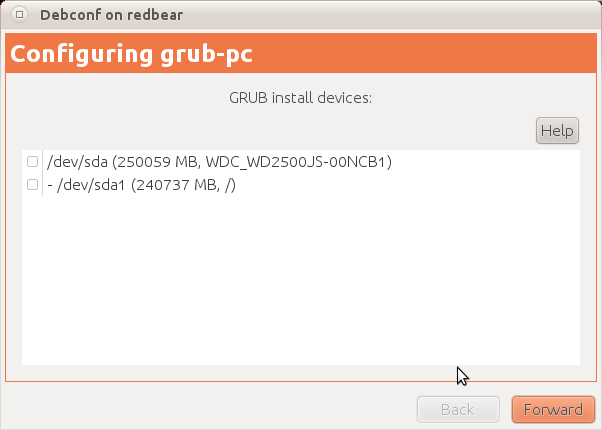 Окно Debconf, конфигурирование grub-pc, доступные флажки для / dev / sda и / dev / sda1