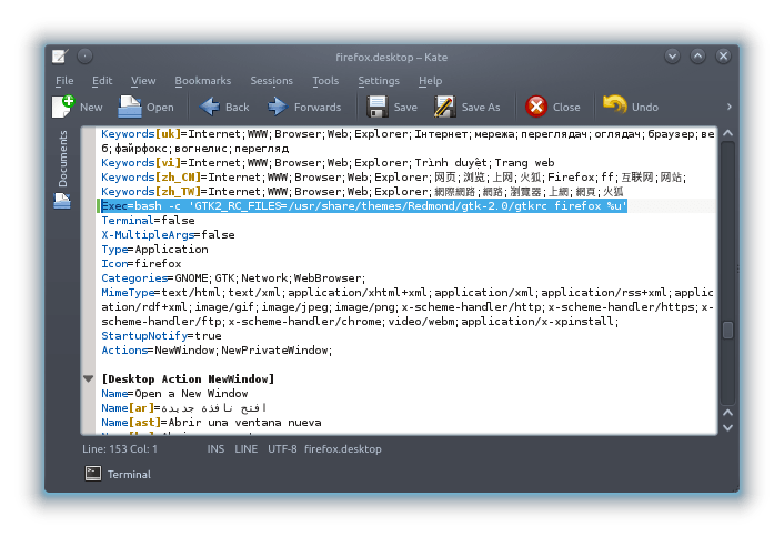 Кейт редактирует firefox.desktop