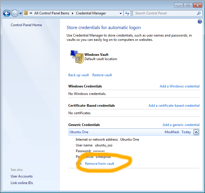 учетные данные панели управления Windows Vault thingie