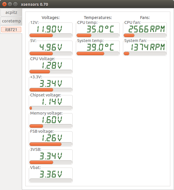 Скриншот вывода it87 с моего компьютера с использованием xsensors