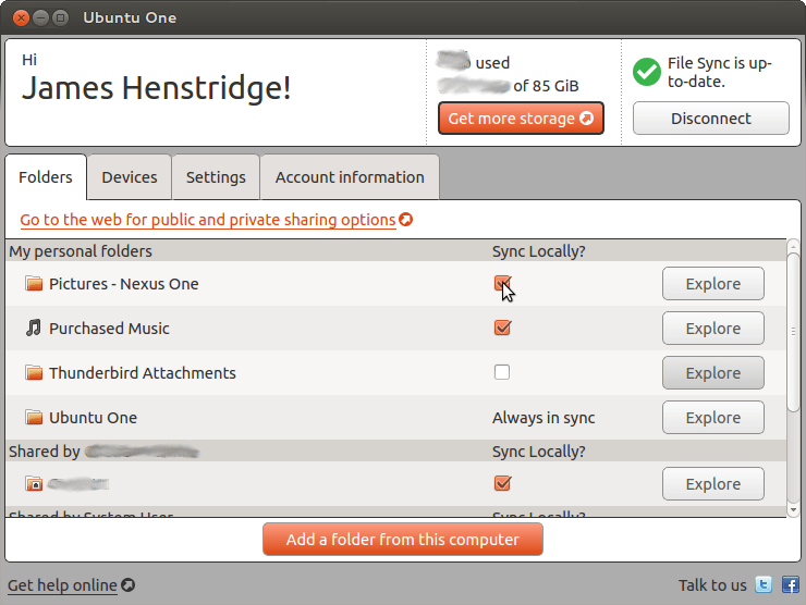 Ubuntu One панель управления Ubuntu One панель управления