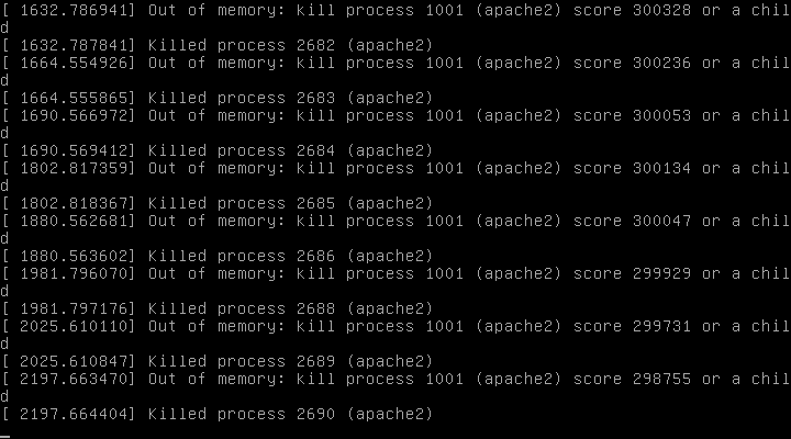снимок экрана, показывающий, что у apache недостаточно памяти