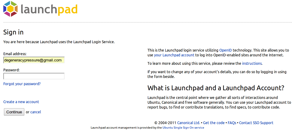 Снимок экрана со страницей входа в Launchpad