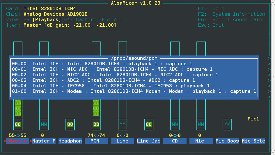 Alsamixer с опцией 'F2