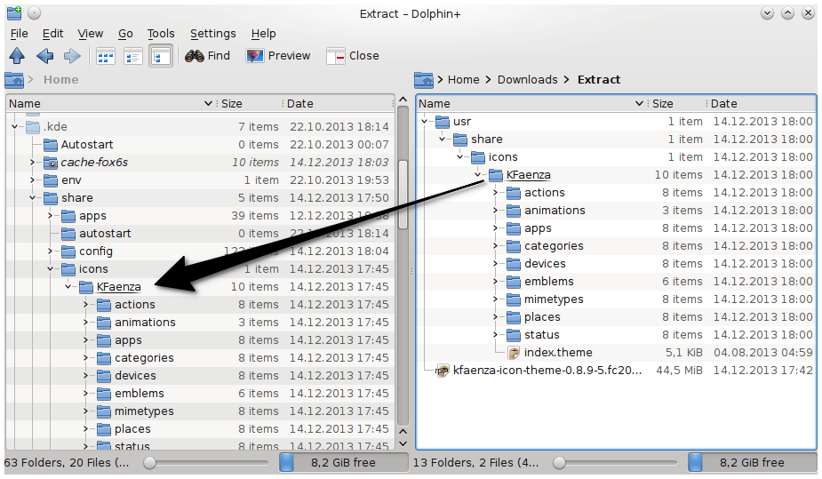 Копирование распакованной темы KFaenza с помощью Dolphin