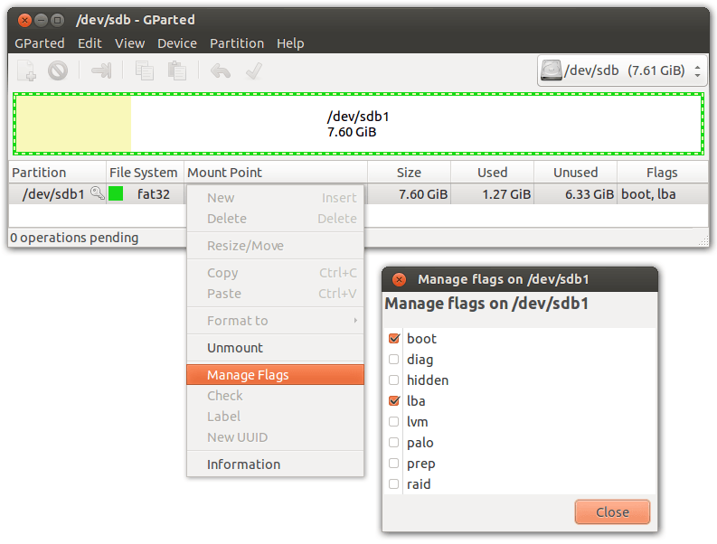 GParted показывает, как управлять флагами разделов