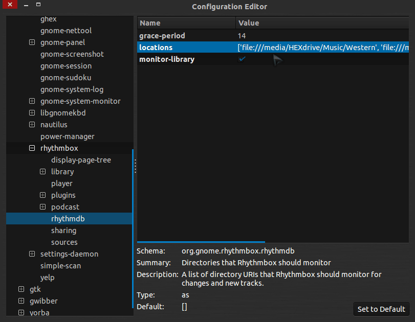 Изменить расположение музыкальной библиотеки Rhythmbox