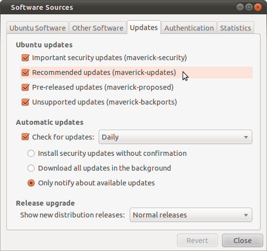 Ubuntu Software Sources - вкладка 