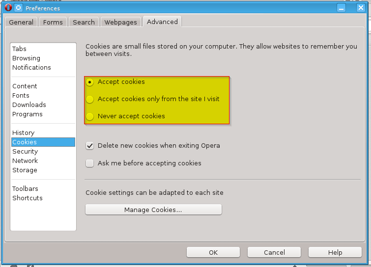 Настройки cookie Opera